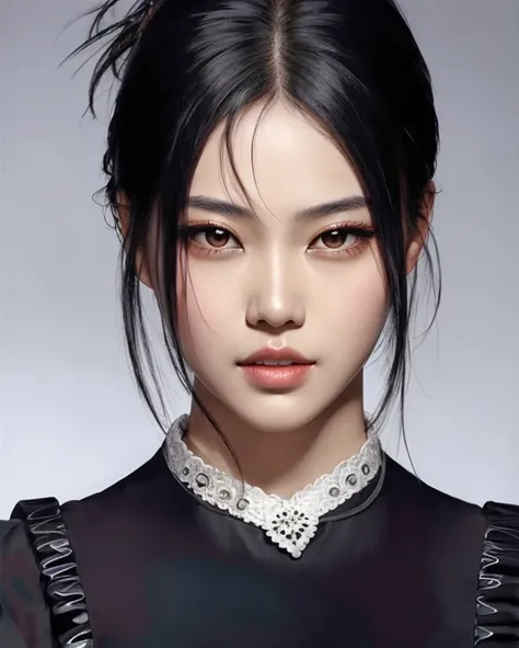 Un primer plano de una mujer con un vestido negro y un collar, realista. Cheng Yi, por Fan Qi, Jingna Zhang, Yanjun Chengt, por Li Song, por Xia Yong, por Yang J, Impresionante retrato de cara de anime, por Zhao Yuan, por Qian Gu, por Zhou Fang, por Chen L...