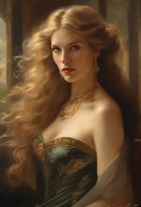 Painting of a beautiful and sexy woman, ((with long medusa hair, falling over her shoulders)) and an embroidered dress, ((Victorian French courtesan, Daryl Hannah)), wearing a low-cut dress and black embroidered corset, in the background of paris brothel, ...