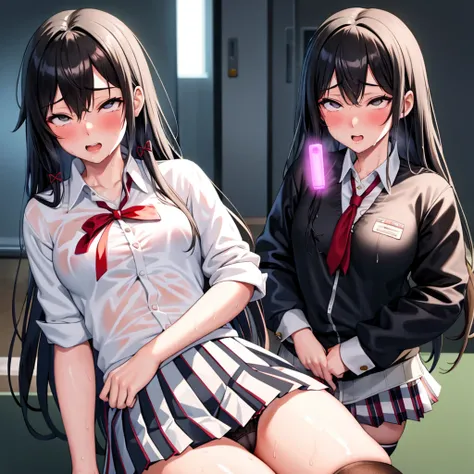 (realistic:1), 1girl as yukino yukinoshita, solo, best quality, beautifully detailed face, ray tracing, DOF, HDR, (evil base:1), (1girl:1.4), (small breasts:1.1), school uniform, waist long black hair, (twintails:0.5), (pleated miniskirt:1.4), (black thigh...