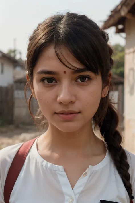 portrait of an indian village girl in school uniform,clear facial features, Cinematic,35mm lens,f/1.8,accent lighting,global illumination,uplight,vivid colors,realistic.

Ponytail, Two color school uniform.