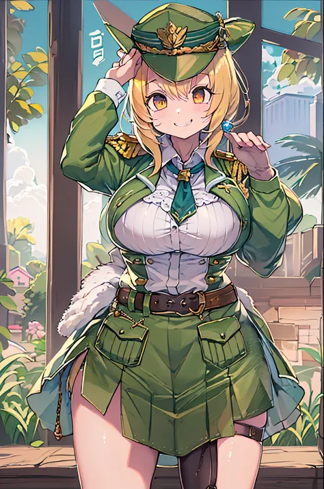 (masutepiece, Best Quality:1.2), Cowboy Shot, Solo, 1girl in, alicia melchiott, Smile, Looking at Viewer, arms folded, Twin-tailed, Head dress, Military uniform, neck tie, thighs thighs thighs thighs