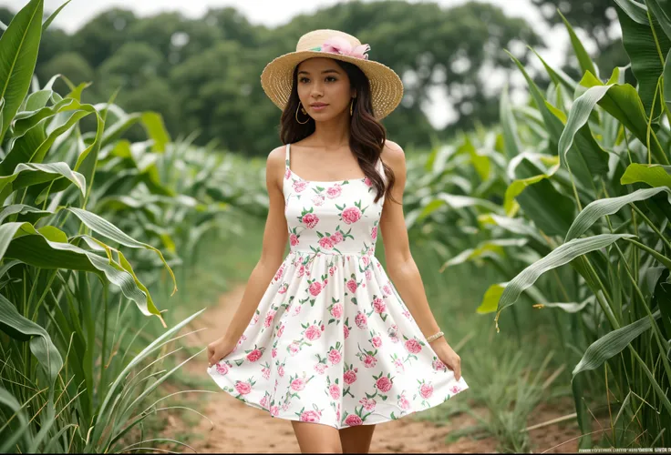 a 35 yo woman wearing mini sundress and hat with a pink ribbon walking through a corn field along a path at a distance, cornfield on both sides, heavy wind is blowing the womans dress, a corn plant leaning toward the path, it has a peeled corn covered in c...