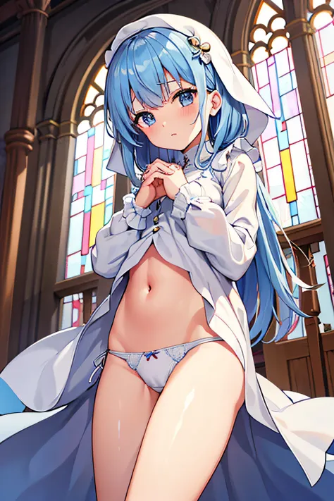 Girl praying with folded hands in a monastery&#39;clothes are upside down 、Cute,  White ruffled panties, {{{{{{Half Top}}}}}}、Blue-haired、 Medium Hair、 {{{{{{Realistic}}}}}}, {{{{{{Head out of frame}}}}}}, Thigh, {{{{{{{{{From below}}}}}}}}}, Blushing, (Op...