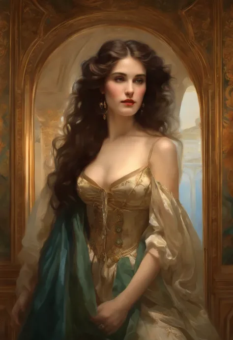 Painting of a beautiful and sexy woman, ((with long medusa hair, falling over her shoulders)) and an embroidered dress, ((French courtesan, from the Victorian Era, Isabelle Adjani)), wearing a low-cut dress and black embroidered corset, in the background o...