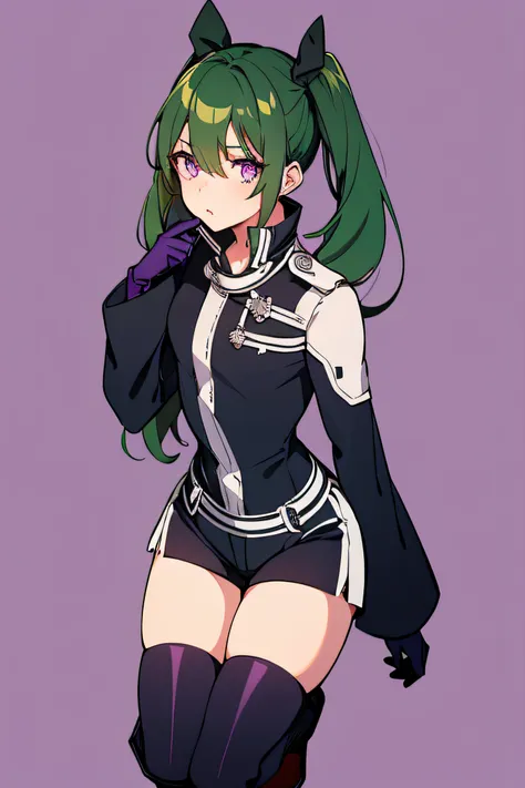 1girl in, solo, twin-tailed, shorts, long sleeves, short shorts, long boots, thigh strap, gloves, purple eyes, green hair