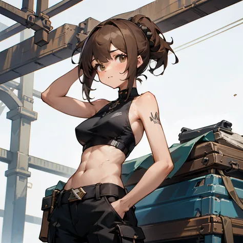 1 girl, master part, 8k, art-station, Ultra alta qualidade, ultra alto detalhe, Ultra high resolution, olhos vermelhos brilhantes, brown hair, (Mechanicalgirl), Mechanics clothing, correia de ferramentas, engenheiro, Cyberpunk, orelhas de gato, cargo pants...