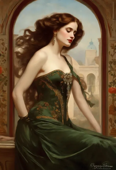 Painting of a beautiful and sexy woman, ((with long medusa hair, falling over her shoulders)) and an embroidered dress, ((French courtesan, from the Victorian Era)), ((Eva Green)), wearing a low-cut dress and black embroidery corset, Paris brothel backgrou...