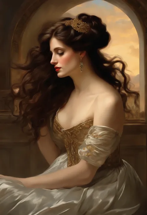 Painting of a beautiful and sexy woman, ((with long medusa hair, falling over her shoulders)) and an embroidered dress, ((French courtesan, from the Victorian Era)), ((Eva Green)), wearing a low-cut dress and black embroidery corset, Paris brothel backgrou...