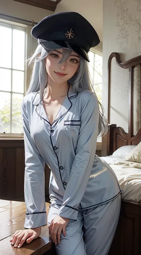 VladilenaLora, long hair, gray eyes, hat, hair between the eyes, (flat chest: 1.2), big smile, energy, vitality, (Militate Pajamas), (Pajamas with very wide open chest: 1.3), Unified 8K Wallpaper Highly detailed CG, Highly detailed, high-definition raw col...