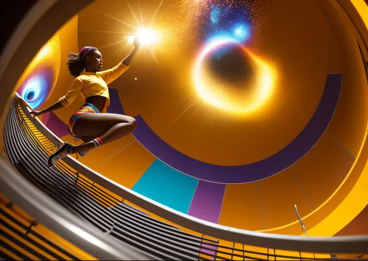 fisheye roll shot of an African woman dressed in colourful sfrican designed hiphop clothes, jumping from a staircase into a golden pool,  in a surreal golden coloured room, with paradox staircases, a golden pool on the surface, cylindrical lights on the ce...