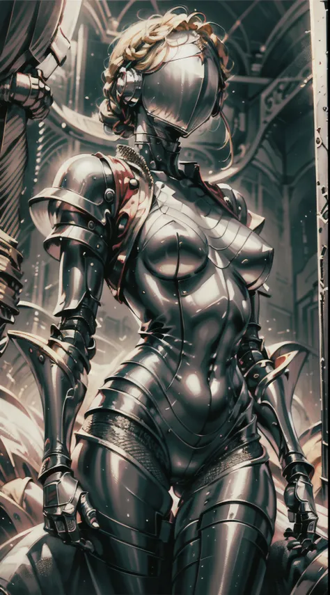 A female knight wearing a full suit of armor, with intricately designed plates covering her body. Her armor is a fusion of futuristic technology and medieval elements, blending sleek metallic surfaces with ornate engravings and motifs. The knight stands in...