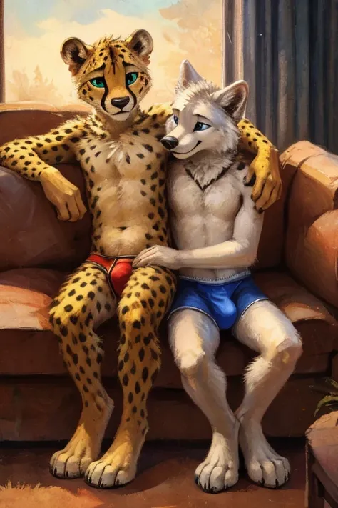 A young cub cheetah with green eyes cuddling an arctic wolf with blue eyes in a sofa. Small bulge, undies, male/male, multiple character, gay, Kenket