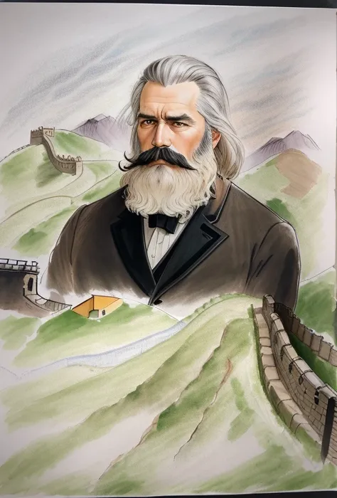 A picture wearing a black coat、Drawing of man with beard and mustache, Carl S., This man is a bust，The lower part is smudged like ink，Integrate with the Great Wall below，His solemn gaze looks into the distance