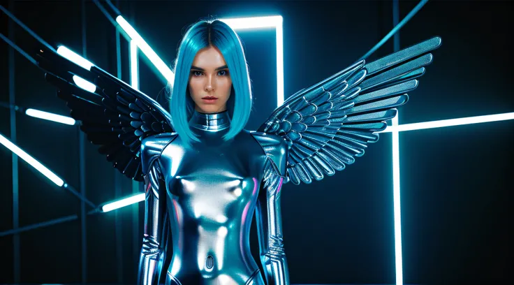 cyborg robotic angel posing menacingly, estilizado por Gareth Pugh, metalic, iridescente, neon light, Fotografia de Moda,