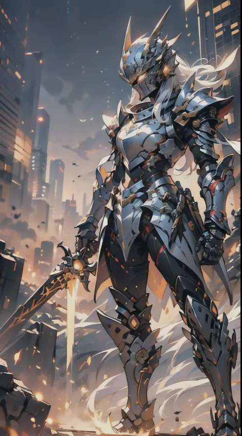 (a female knight in a full armor, medieval and sci-fi fusion world, futuristic technology, intergalactic environment, majestic landscape, epic battle scene, advanced weaponry, shining armor, intricate details, vibrant colors, dynamic lighting, mystical aur...