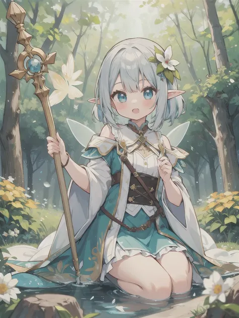 best quality, (kawaii:1.1), (cute), (high resolution:1.2), incredibly absurdres:1.3, incredibly fine illustration
BREAK
1girl, solo, forest elf, silver knitted hair, healer, wooden staff, dynamic angle
BREAK
flower, fantasy land, fairy light