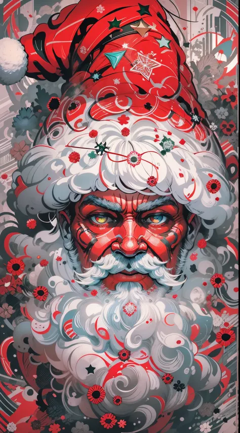 Half body potrait of Santa Claus, Explosive, otherworldly painting of a shape-shifting deity adorned with chaotic Santa Claus motifs and omnipresent, piercing eyes, a breathtaking amalgamation of fine art and captivating photo collage, mesmerizing poster d...