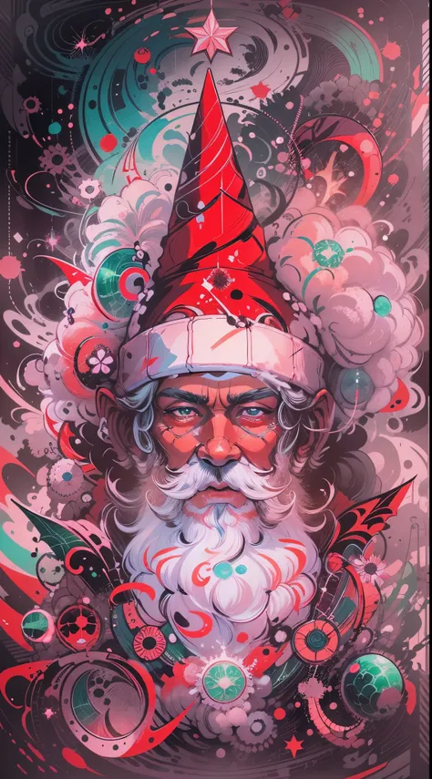 Half body potrait of Santa Claus Explosive, otherworldly painting of a shape-shifting deity adorned with chaotic Santa Claus motifs and omnipresent, piercing eyes, a breathtaking amalgamation of fine art and captivating photo collage, mesmerizing poster de...