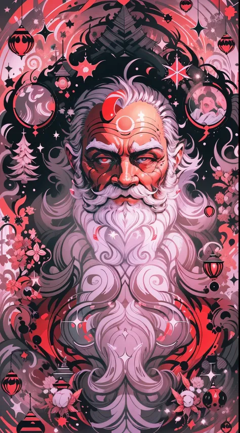 Half body potrait of Santa Claus Explosive, otherworldly painting of a shape-shifting deity adorned with chaotic Santa Claus motifs and omnipresent, piercing eyes, a breathtaking amalgamation of fine art and captivating photo collage, mesmerizing poster de...