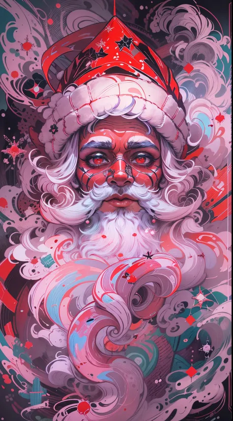 Half body potrait of Santa Claus Explosive, otherworldly painting of a shape-shifting deity adorned with chaotic Santa Claus motifs and omnipresent, piercing eyes, a breathtaking amalgamation of fine art and captivating photo collage, mesmerizing poster de...