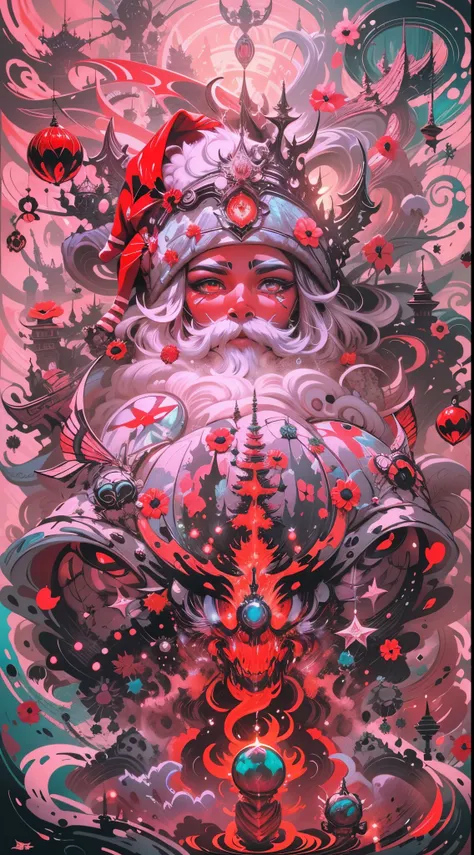 Explosive, otherworldly painting of a shape-shifting deity adorned with chaotic Santa Claus motifs and omnipresent, piercing eyes, a breathtaking amalgamation of fine art and captivating photo collage, mesmerizing poster design:: their appearance exuded th...