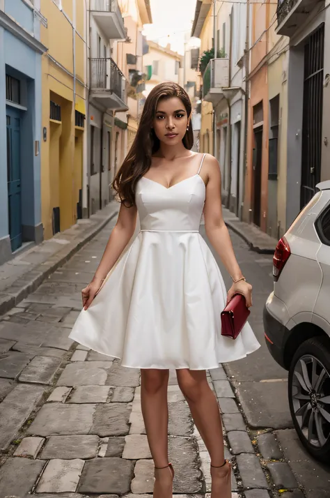 criar imagem ultra realista de uma mulher vestida com vestido vermelho com um chapeu branco em uma rua a noite na italia