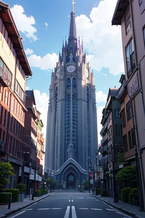 Purple buildings in the city，There is a bell tower at the top, Madhouse Studio anime style, Kuro anime screenshots, Tokyo anime anime scenes, screenshot from the anime film, Screenshot of the 2012 animation, anime style cityscape, Rio de Janeiro in an anim...