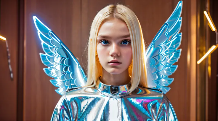 robotic angel cyborg KIDS GIRL BLONDE posing menacingly, estilizado por Gareth Pugh, metalic, iridescente, neon light, Fotografia de Moda,