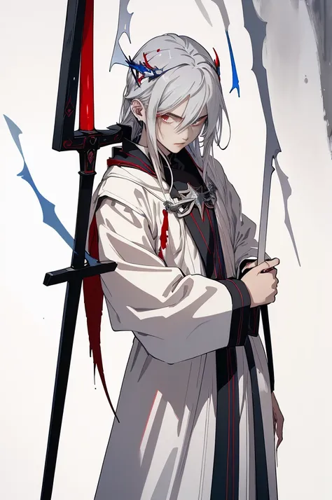 (Best Quality, Masterpiece:1.3), 1 male, silver hair, bright pupils, parted hair, white mantle with red and blue accents, expressionless, He holds 2 swords in his hands, One with a blue flame, the other with a red flame,