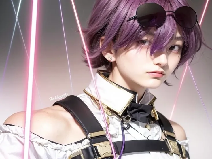 A beautiful cosplaying man with purple hair, purple eye and with a white shirt, slim body, , gapmoe yandere, akasuki voidstar, inspired by Kafka from honkai star raill, male actor from japan, kento yamazaki, mackenyu arata, yuki yamada.