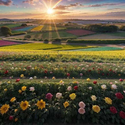 Fields of roses, pinks, yellows, reds, purples, whites, roses, oranges, lemons bloomed across the morning fields. solar rainbow made Rainbow Sun Break Eight horses are running. Eight horses are running.