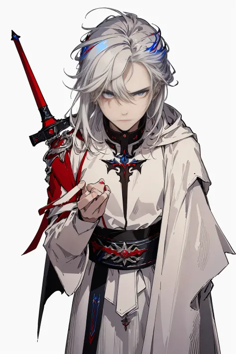 (Best Quality, Masterpiece:1.3), 1 male, silver hair, bright pupils, parted hair, white mantle with red and blue accents, expressionless, He holds 2 swords in his hands, One with a blue flame, the other with a red flame,