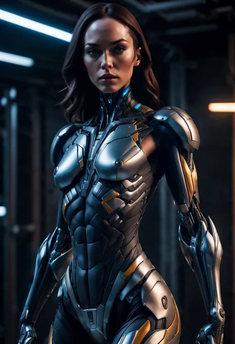 megan fox), Cinematic, hyper-detailed, and insanely detailed, perfect muscular anatomy of a bald super muscular female android girl. Beautiful color grading, enhancing the overall cinematic feel. Unreal Engine brings her anatomic cybernetic muscle suit to ...