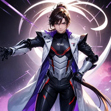 A male robot, with dark brown hair in a ponytail, and bright violet eyes, with a long white coat.