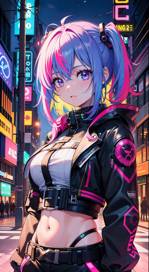 highest  quality，16k quality，1girl,creative hair,rainbow hair,the city street,charming and beautiful eyes,neon cold light,cyber ...