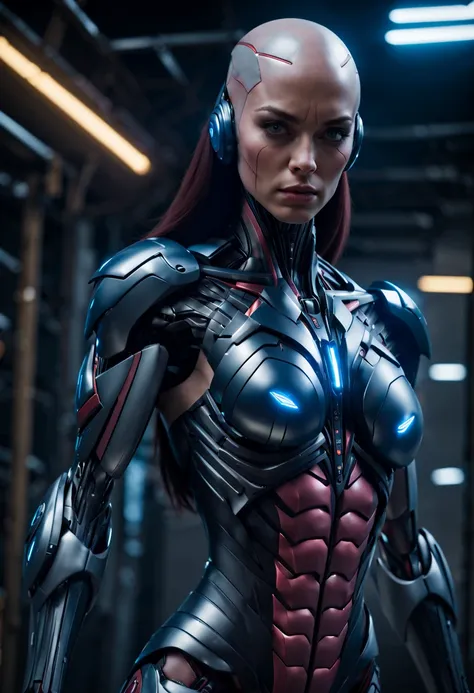 megan fox), Cinematic, hyper-detailed, and insanely detailed, perfect muscular anatomy of a bald super muscular female android girl. Beautiful color grading, enhancing the overall cinematic feel. Unreal Engine brings her anatomic cybernetic muscle suit to ...