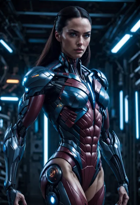 megan fox), Cinematic, hyper-detailed, and insanely detailed, perfect muscular anatomy of a bald super muscular female android girl. Beautiful color grading, enhancing the overall cinematic feel. Unreal Engine brings her anatomic cybernetic muscle suit to ...