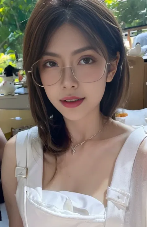 A beautiful young lady，Wear clear square glasseesmerizing eyes，Wearing a strapless tube top，Chest exposed，Expose the collarbone，