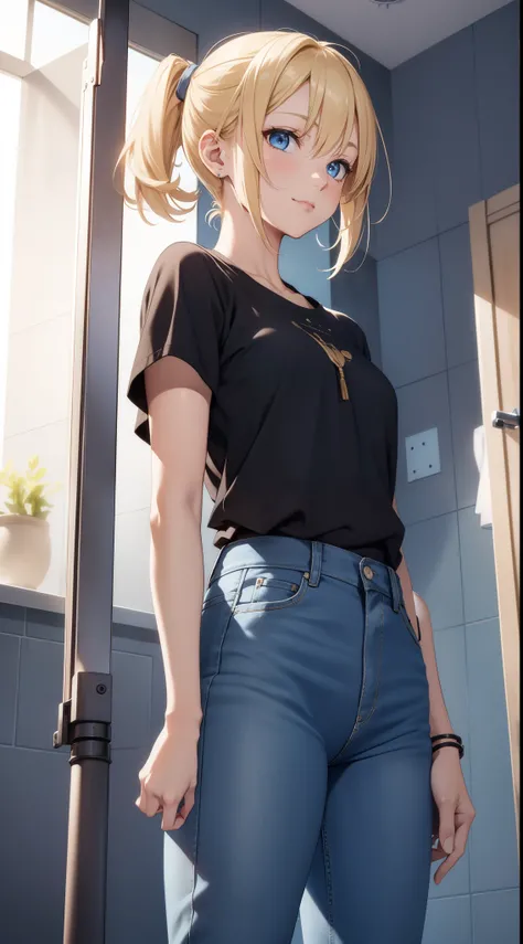 Young girls, blond with short hair, high ponytails, eBlue eyes, ssmile, Blue skinny shirt, denim pant, open shower room, Two swords, fly by rope, tmasterpiece, high high quality, 4K, k hd, Nice details