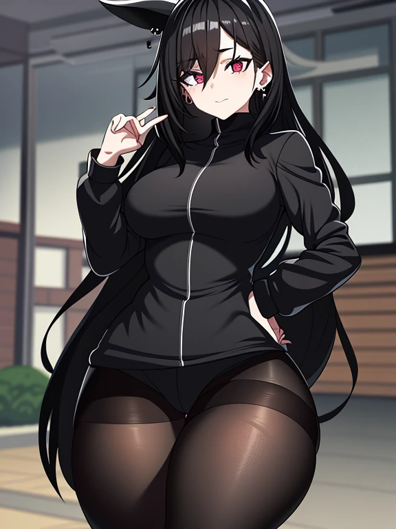 Woman, gamer, goth, small breasts, black hair, black clothes, big thighs, thick thighs, tight thighs, pantyhose, earrings in the ears, fair skin,scars on the face, Giant thighs, hair covering your eyes, Hair covered by eyes, bangs