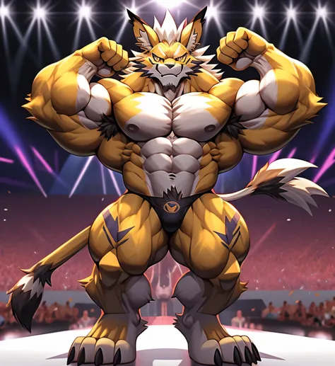 (Digimon) A Leomon in the bodybuilding competition., en el escenario con otros culturistas de Leomon a su lado, wearing a small thong (metallic color: Tanga negro azabache) Masivo, Huge, muscular bodybuilder with extraordinary biceps, Pecs, triceps, trampa...