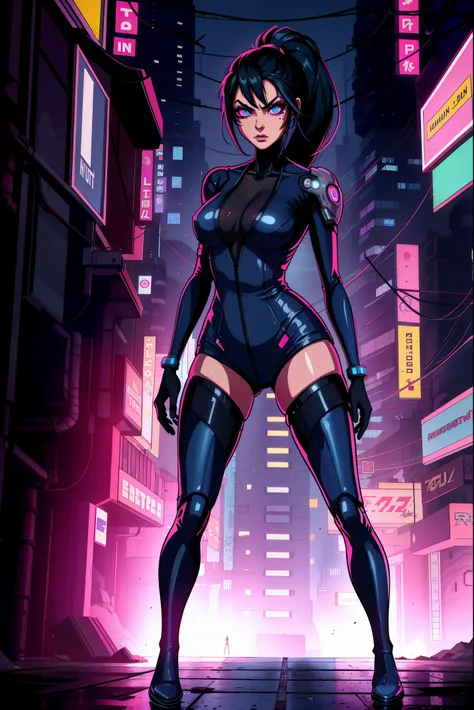 annflores. black hair, blue eyes,   ponytail,  mole under left  eye, 
bodysuit, legs,  thigh boots, 
 looking at viewer,  standing,  upper body,    serious, 
cyberpunk,  city,  night, neon blue and pink lights,
 (insanely detailed, beautiful detailed face,...