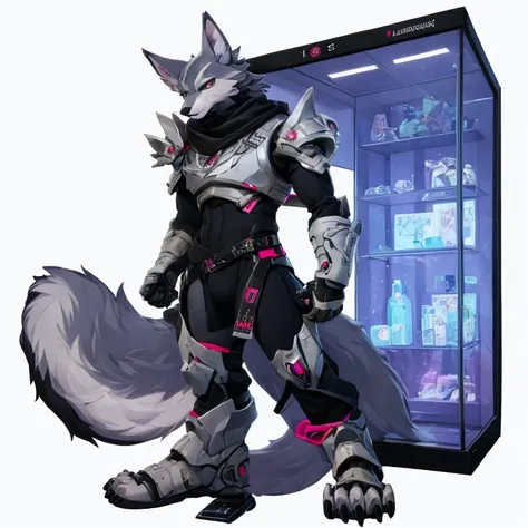 Male robotic wolf，costas marrons，colete branco sem mangas，calcinha transparente，white sandals，claw feet，Recantos，Na vitrine，Stay in a plastic box，olhos pretos detalhados，postura cativante，Handsome，pele realista，esguio，