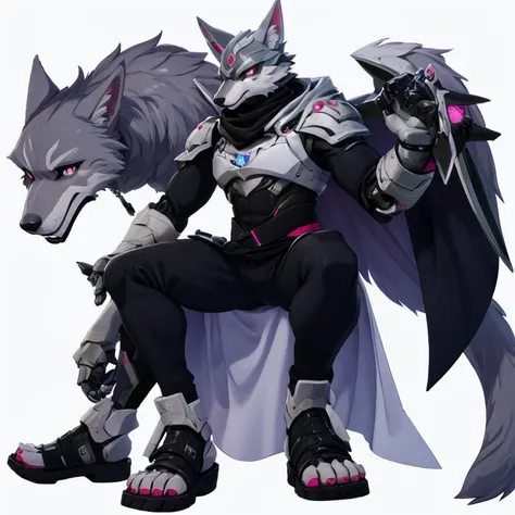 Male robotic wolf，costas marrons，colete branco sem mangas，calcinha transparente，white sandals，claw feet，Recantos，Na vitrine，Stay in a plastic box，olhos pretos detalhados，postura cativante，Handsome，pele realista，esguio，