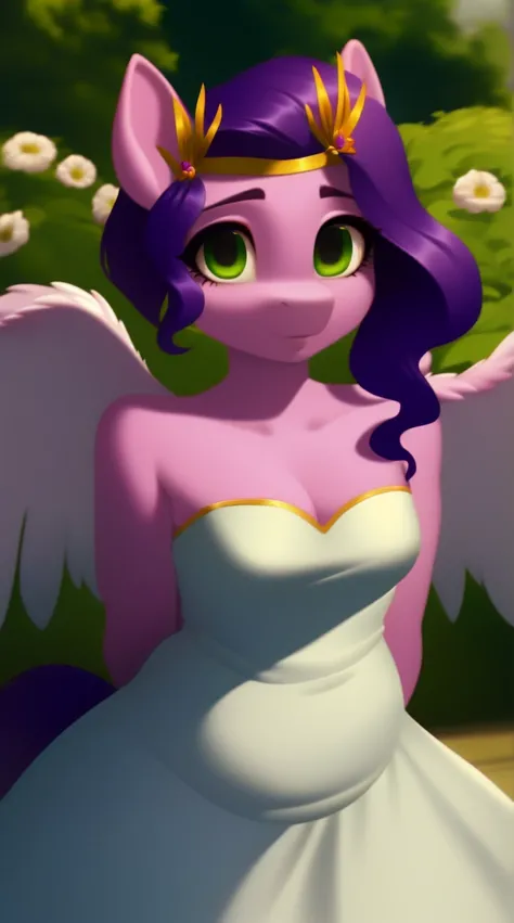 (score_9), (source_pony), (solo), (pegasus), ((anthro pipp petals :1.1)), (strapless tight dress), sexy, nervous , long hair, anatomically correct, night garden, standing near fountain, small breasts, half body, anime art style, solo, light purple fur, gre...