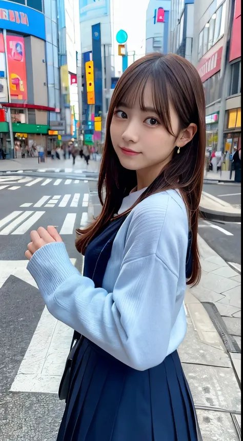 photo of a girl, wearing (crop-top:0.5) basic school sailor uniform, long sleeve, pleated blue_skirt, beautiful eyes, deep-color, BREAK
(((SHIBUYA))), 109, Shibuya Center Street, friends,