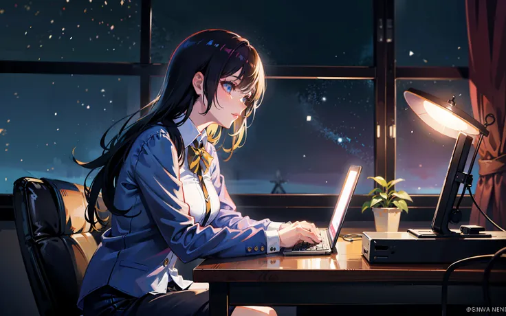 anime girl sitting at a desk with a laptop in front of a window, digital anime illustration, sitting at a computer, digital anime art, in front of a computer, detailed digital anime art, anime background art, smooth anime cg art, working on her laptop, mak...