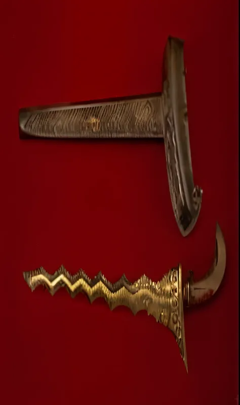 a close up of a knife and a knife holder on a red surface, of a old 17th century, of a old 16th century, of a old 18th century, large sword, dagger, arabian sword, holstering sword, rapier, chainsword in the other, broad sword, gold sword, of a 1 7 th cent...