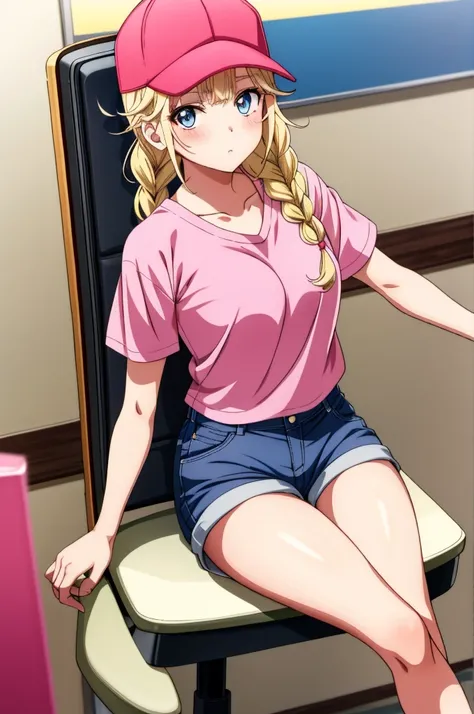 a very pretty anime girl wearing a baseball cap sits on a chair, 1girl, shorts, hat, solo, sitting, twin braids, blue eyes, braid, baseball cap, shirt, blonde hair, short sleeves, looking at viewer, breasts, blush, long hair, pink shorts, collarbone, pink ...