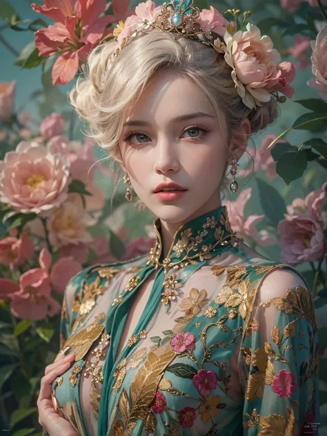 (best quality color photo of a mysterious beautiful woman in floral clothing on a  fashion magazine cover, haute couture fashion shoot:1.2),(An extremely delicate and beautiful work:1.2), elegant pose, glamorous fashion pose,  art nouveau, focus on art nou...